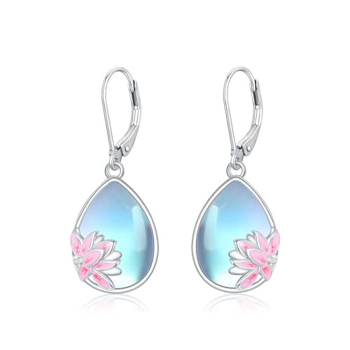REDSUN Mondstein Ohrringe Lotus Ohrringe 925 Sterling Silber Mondstein Ohrring Leverback Mondsteins Schmuck Weihnachten Geburtstag Geschenke für Frauen Mädchen Mutter von REDSUN