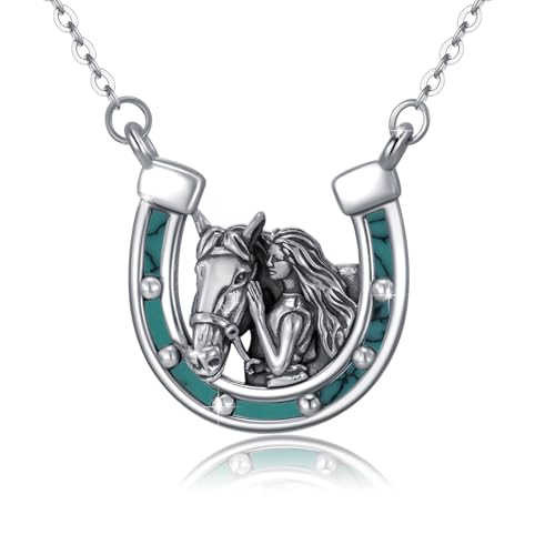 REDSUN Mädchen und Pferd Halskette 925 Sterling Silber Hufeisen Anhänger mit Türkis Mädchen und Pferd Kette Pferde Schmuck Geschenke für Frauen Mädche Tochter Kinder von REDSUN
