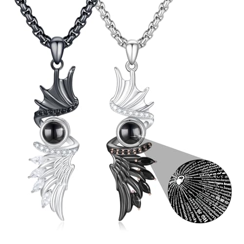 REDSUN Paar Halskette Flügel Kette Anhänger 925 Sterling Silber 2PCS I Love You 100 Sprachen Ich Liebe Dich Projektion Liebesgeschenk Valentinstag Weihnachten Geschenk für Frau von REDSUN