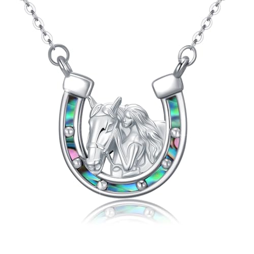 REDSUN Pferde Kette 925 Sterling Silber Mädchen und Pferd Halskette Hufeisen Anhänger mit Abalone Muschel Mädchen und Pferd Halskette Pferde Schmuck Geschenke für Damen Mädchen Tochter Kinder von REDSUN