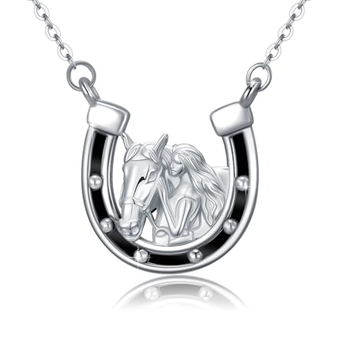REDSUN Pferde Kette 925 Sterling Silber Mädchen und Pferd Halskette Hufeisen Anhänger mit Onyx Mädchen und Pferd Halskette Pferde Schmuck Geschenke für Damen Mädchen Tochter Kinder von REDSUN