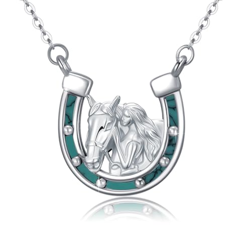 REDSUN Pferde Kette 925 Sterling Silber Mädchen und Pferd Halskette Hufeisen Anhänger mit Türkis Mädchen und Pferd Halskette Pferde Schmuck Geschenke für Damen Mädchen Tochter Kinder von REDSUN