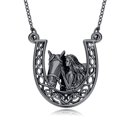REDSUN Mädchen und Pferd Halskette 925 Sterling Silber Hufeisen Anhänger Schwarz Pferd Kette Pferde Schmuck Geschenke für Frauen Mädchen Tochter Kinder von REDSUN