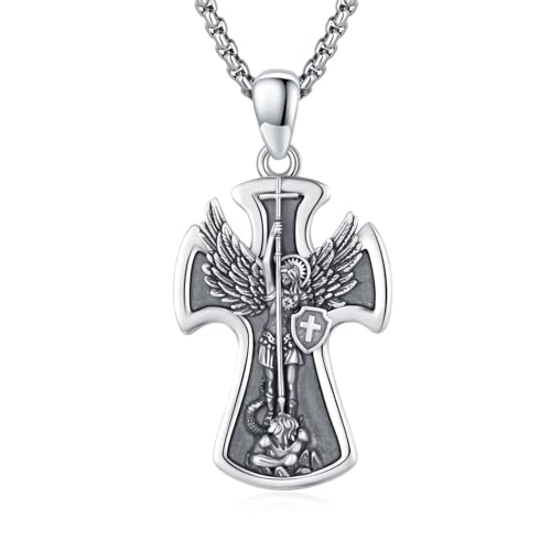 REDSUN Saint Michael Halskette 925 Sterling Silber Kreuz Jesus Schutzengel Kreuz Kette Heiliger Michael Kette Religiöser Amulett Schmuck Geschenk für Ehemann, Sohn, Bruder von REDSUN