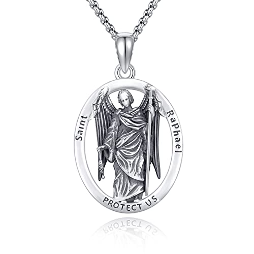 REDSUN Religiöser Amulett Halskette 925 Sterling Silber St.Raphael Erzengel Kette Saint Raphael Halskette Amulett Christliche Kette Schmuck Geschenk für Herren Damen von REDSUN