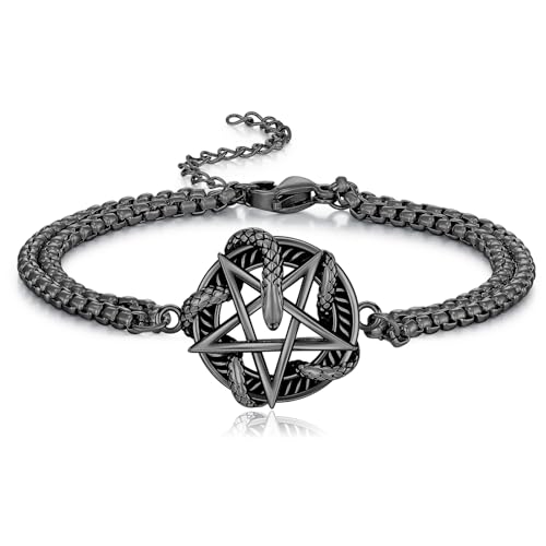 REDSUN Schlangen Armband für Männer 925 Sterling Silber Schwarze Pentagramm Armband Schwarze Amulett Schmuck Geschenke für Männer Frauen Jungen Vater Halloween Geschenke von REDSUN