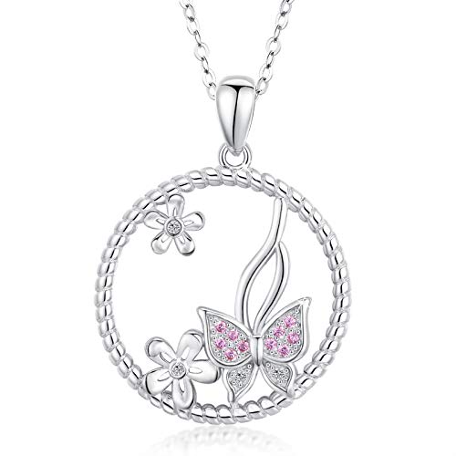 REDSUN Schmetterling Halskette für Frauen 925 Sterling Silber Schmetterling Anhänger Halskette mit Blume Delicate Birthstone Schmetterling Schmuck für Frauen Mädchen Geburtstag Geschenke von REDSUN