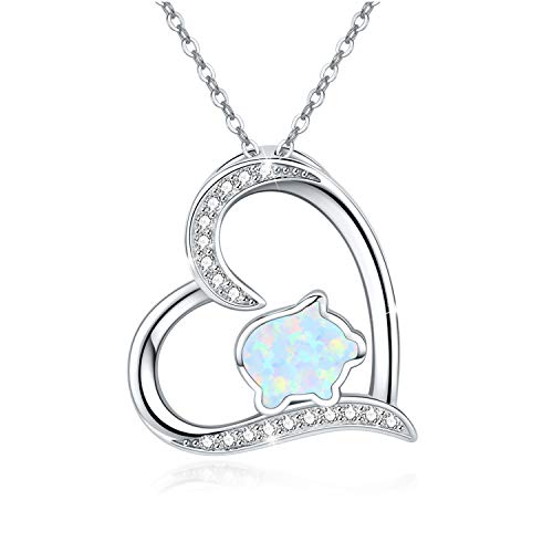 REDSUN Schwein Halskette 925 Sterling Silber Herz Halskette mit Cubic Zirkonia Opal Schwein Anhänger Halskette Tier Anhänger Opal Schmuck für Frauen Mädchen Geburtstag Weihnachten Geschenke von REDSUN