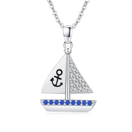 REDSUN Segelboot Nautische Halskette 25 Sterling Silber Damen Nautische Anker Kette mit Zirkonia Anhänger Ozean Urlaub Schiff Segelboot Schmuck für Männer Frauen von REDSUN