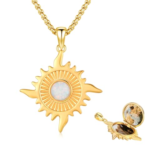 REDSUN Sonne Medaillon Halskette 925 Sterling Silber Gold Foto Medaillon zum öffnen Anhänger Halskette Opal Kette Gold Kette für Frauen Mädchen Geschenke von REDSUN