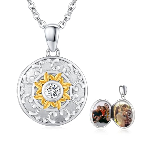 REDSUN Sonnenblume Medaillon Halskette 925 Sterling Silber Runde Medaillon Blume Foto Bilder Kette Amulett Schmuck Geburtstag Geschenke für Damen Mädchen Kinder Tochter von REDSUN