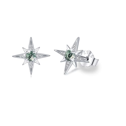 REDSUN Stern Ohrringe 925 Sterling Silber Achtzackiger Mit Algen-Achat Geburtsstein Zirkonia Regenbogen Schmuck Damen Tochter Mädchen von REDSUN