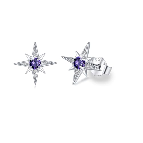 REDSUN Ohrringe 925 Sterling Silber Achtzackiger Stern Mit Dunkellila Geburtsstein Zirkonia Regenbogen Schmuck für Damen Tochter Mädchen von REDSUN