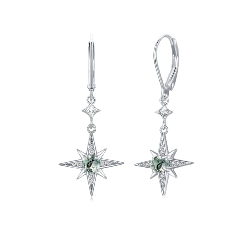 REDSUN Stern Ohrringe 925 Sterling Silber Achtzackiger Hänge Moosachat Schmuck für Mutter Tochter Damen Freundin Geschenk von REDSUN