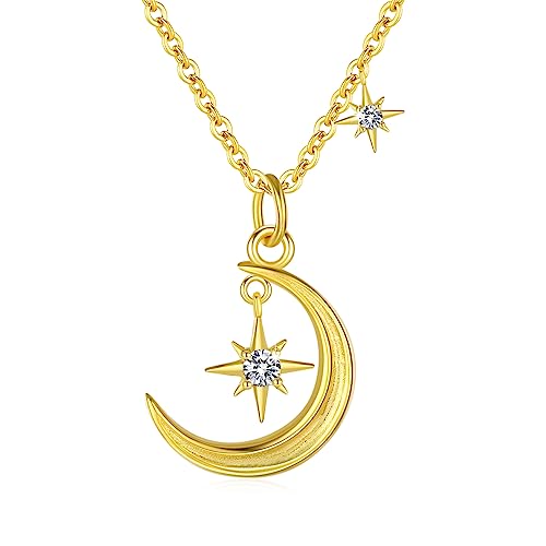 REDSUN Stern und Mond Kette 925 Sterling Silber Gold Halskette Mond Anhänger mit Zirkonia Halskette für Damen Mädchen Kinder,Damen Kette von REDSUN