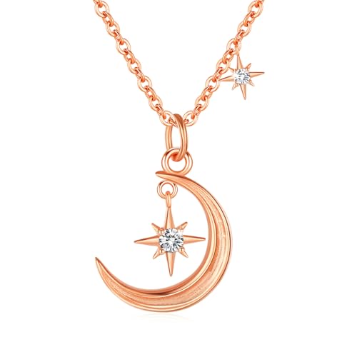 REDSUN Stern und Mond Kette 925 Sterling Silber Rose gold Halskette Mond Anhänger mit Zirkonia Halskette für Damen Mädchen Kinder von REDSUN