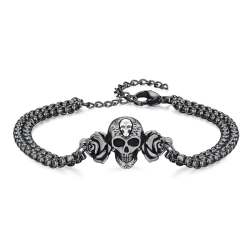 REDSUN Totenkopf Armband 925 Sterling Silber Schwarz Totenkopf Rose ArmbandGotik Punk Schädel Skull Armkette Weihnachten Geschenk für Goth-Liebhaber Damen Herren von REDSUN