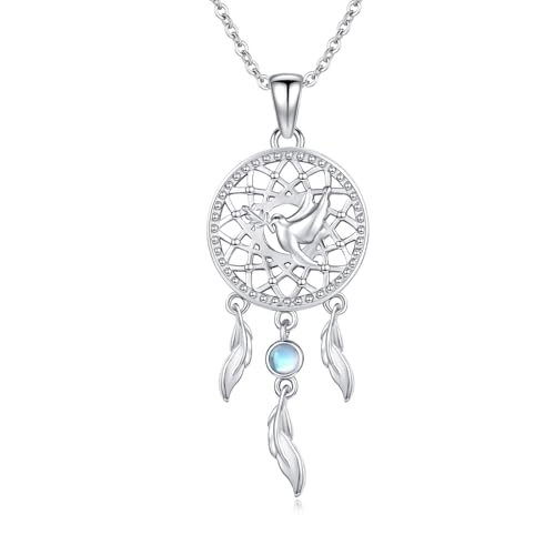 REDSUN Traumfänger Halskette 925 Sterling Silber Böhmischen Dreamcatcher Feder Halskette Mondstein-Anhänger Traumfänger-Schmuck Geschenke für Frauen Teenager Mädchen (Traumfänger Halskette3) von REDSUN
