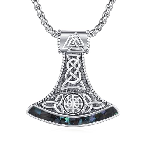 REDSUN Wikinger Axt Anhänger Halskette 925 Sterling Silber Viking Keltischer Knoten kette Abalone-Muschelfragmente Nordische Mythologie Wikinger Schmuck Geschenke für Männer Damen von REDSUN