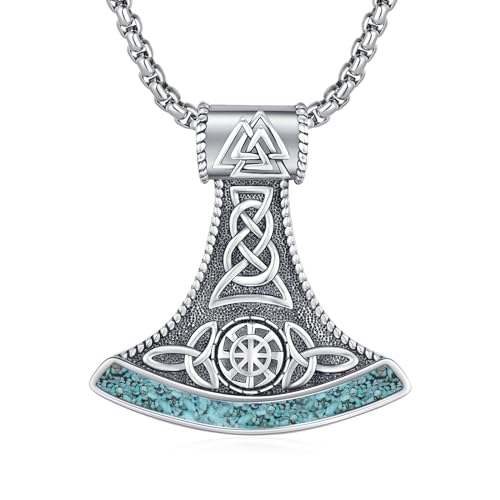 REDSUN Wikinger Axt Anhänger Halskette 925 Sterling Silber Viking Keltischer Knoten kette Türkisfarbene Fragmente Nordische Mythologie Wikinger Schmuck Geschenke für Männer Damen von REDSUN