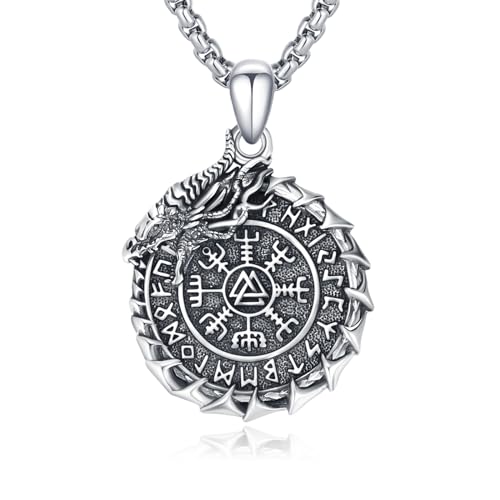 REDSUN Wikinger Halskette für Männer 925 Sterling Silber Drachen Anhänger Vegvisir Halskette Nordic Viking Kompass Halskette Wikinger Amulett Schmuck Geschenke für Männer Frauen Jungen von REDSUN