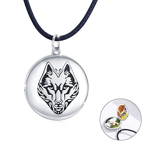 REDSUN Wolf Kopf Medaillon Halskette 925 Sterling Silber Foto Amulett Halskette Amulett Medaillon mit Foto Wolf Halskette Amulett Schmuck Geschenke für Männer Frauen von REDSUN