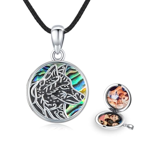 REDSUN Wolf Medaillon Kette 925 Sterling Silber Foto Amulett Medallion mit Foto Schmuck Anhänger Halskette für Tochter Mädchen Mutter Geschenke (03-Abalone Splitter) von REDSUN