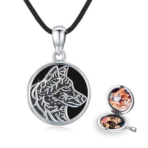 REDSUN Wolf Medaillon Kette 925 Sterling Silber Foto Amulett Medallion mit Foto Schmuck Anhänger Halskette für Tochter Mädchen Mutter Geschenke (04-Obsidian) von REDSUN