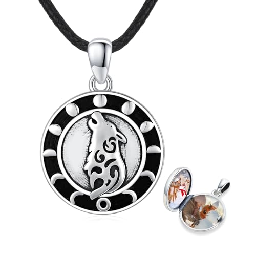 REDSUN Wolf Medaillon Kette 925 Sterling Silber Mondphase Halskette Amulett zum öffnen für Bilder Wolf Anhänger Schmuck for Herren Männer Vatertagsgeschenke für Papa von REDSUN