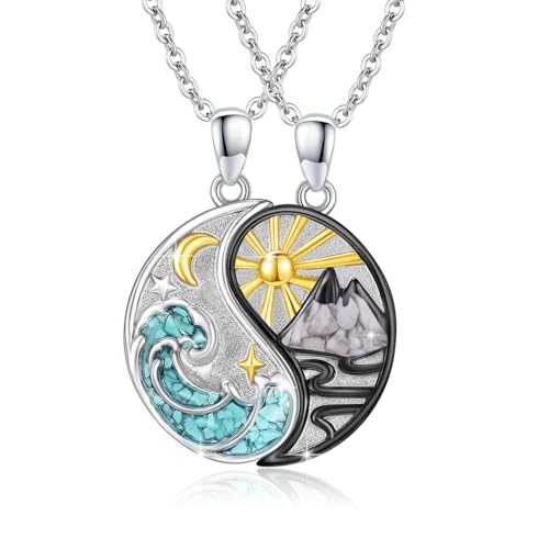 REDSUN Yin Yang Halskette 925 Sterling Silber Berg Sonne Anhänger Halskette für Paar BFF Kette 2ps Freundschaftskette Schmuck Geschenke für Damen Herren Couple Tochter （Türkis2） von REDSUN