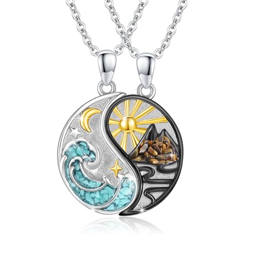 REDSUN Yin Yang Halskette 925 Sterling Silber Berg Sonne Anhänger Halskette für Paar BFF Kette 2ps Freundschaftskette Schmuck Geschenke für Damen Herren Couple Tochter （Türkis3） von REDSUN