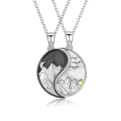 REDSUN Yin Yang Halskette 925 Sterling Silber Berg Sonne Anhänger Sonne und Mond BBF Kette Freundschaftsketten für Damen Herren Freunde Paar von REDSUN