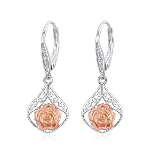 Rosen Ohrringe 925 Sterling Silber Blume Hängend Ohrhänger Filigran Teardrop mit Zirkonia Schnalle Tropfen Ohrringe Schmuck Geschenke für Damen von REDSUN