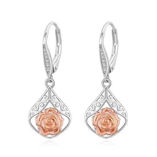 REDSUN Rosen Ohrringe für Damen925 Sterling Silber Blume Hängend Ohrhänger Filigran Teardrop mit Zirkonia Schnalle Tropfen Ohrringe Schmuck Geschenke für Damen von REDSUN