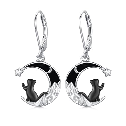 Schwarze Katzen Ohrringe 925 Sterling Silber Berg Mond Schwarze Katzen Hängend Ohrringe Tier Katzen Schmuck Geburtstag Geschenke für Damen Frauen Mutter Frau Mädchen von REDSUN