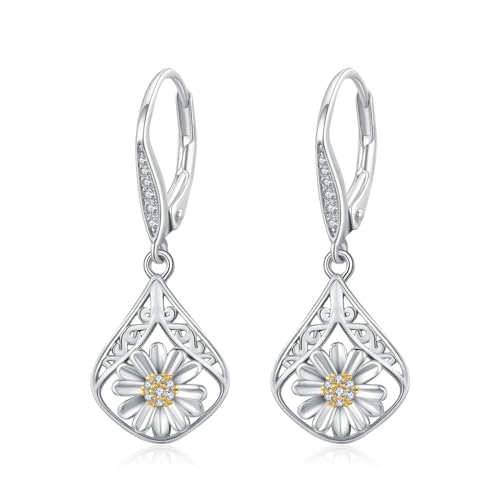 Sonnenblumen Ohrringe 925 Sterling Silber Sonnenblume Hängend Ohrhänger Filigran Teardrop mit Zirkonia Schnalle Tropfen Ohrringe Schmuck Geschenke für Damen von REDSUN