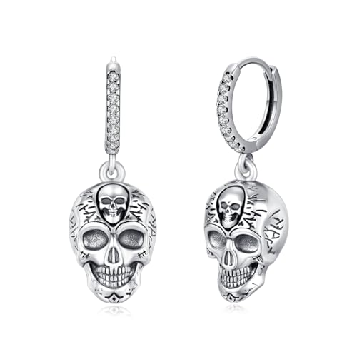 Totenkopf Ohrringe 925 Sterling Silber Totenkopf mit Platin Ohrringe skull titanium earrings Gothic creolen Damen, Weihnachtsgeschenke für Goth Liebhaber Geschenke für Freunde Frauen Männer (Weiß) von REDSUN