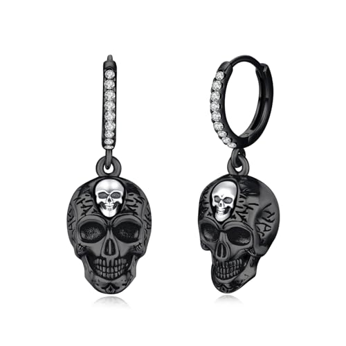 Totenkopf Ohrringe 925er Sterlingsilber Schädel mit Schwarzes Gold Ohrringe Leverback Ohrringe,Damen Schädel Rose Goth Ohrringe,Weihnachten Geschenk für Goth-Liebhaber Damen Herren von REDSUN