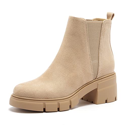 REDTOP Damen Chelsea Boots Elastic Chunky Block Heel Platform Lug Sole Ankle Booties, Hautfarben - Nude Suede, 40 EU REDTOP Damen Chelsea Boots Elastic Chunky Block Heel Platform Lug Sole Ankle Booties, Hautfarben - Nude Suede, 40 EU von REDTOP