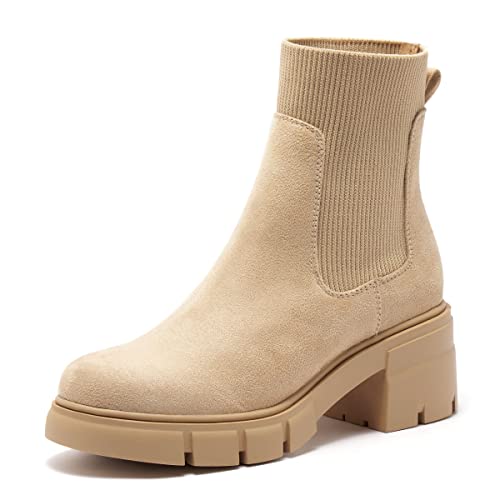 REDTOP Damen Elastische Chelsea Boots Chunky Blockabsatz Plateau Lug Sole Ankle Booties, Nude Suede, 7.5 US von REDTOP