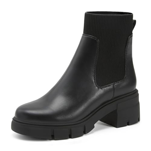 REDTOP Damen Elastische Chelsea Boots Chunky Blockabsatz Plateau Lug Sole Ankle Booties, Schwarz, 6.5 von REDTOP