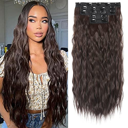 Clip in Hair Extensions, REECHO 5PCS Brown Hair Extensions 24" Thick Long Loose Waves hair extensions HE002 Invisible Lace Weft Natural Soft Hairpieces for Women – Dark Brown von REECHO