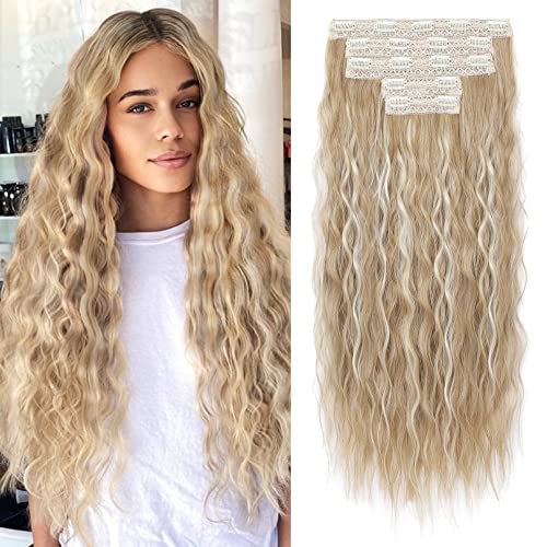 Clip in Hair Extensions, REECHO 5PCS Brown Hair Extensions 24" Thick Long Loose Waves hair extensions HE002 Invisible Lace Weft Natural Soft Hairpieces for Women – Medium Blonde with Highlights von REECHO