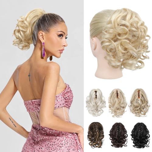 REECHO Pferdeschwanz Haarverlängerung, 23 cm Kurze lockige gewellte Haarklammer Haarteil Pferdeschwänze Haarverlängerungen Haarteile für Frauen Ponytail Extension (Aschblond mit Goldnuancen) von REECHO