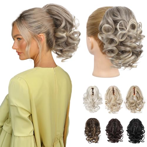 REECHO Pferdeschwanz Haarverlängerung, 23 cm Kurze lockige gewellte Haarklammer Haarteil Pferdeschwänze Haarverlängerungen Haarteile für Frauen Ponytail Extension (Mokkabraun zu Blond Ombre) von REECHO