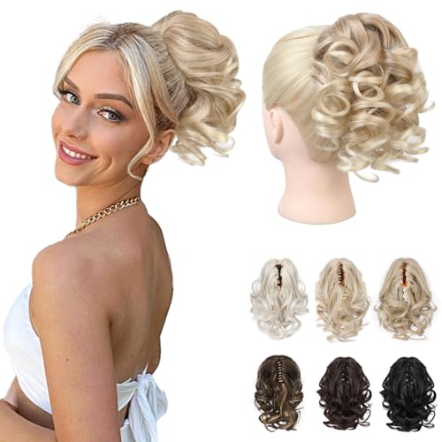REECHO Pferdeschwanz Haarverlängerung, 23 cm Kurze lockige gewellte Haarklammer Haarteil Pferdeschwänze Haarverlängerungen Haarteile für Frauen Ponytail Extension - Dunkelblond mit hellen Enden von REECHO