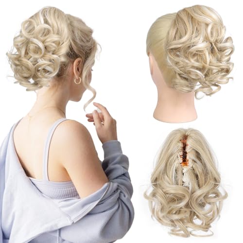 REECHO Pferdeschwanz Haarverlängerung, 23 cm Kurze lockige gewellte Haarklammer Haarteil Pferdeschwänze Haarverlängerungen Haarteile für Frauen Ponytail Extension - Mittelblond mit Strähnchen REECHO Pferdeschwanz Haarverlängerung, 23 cm Kurze lockige gewellte Haarklammer Haarteil Pferdeschwänze Haarverlängerungen Haarteile für Frauen Ponytail Extension - Mittelblond mit Strähnchen von REECHO