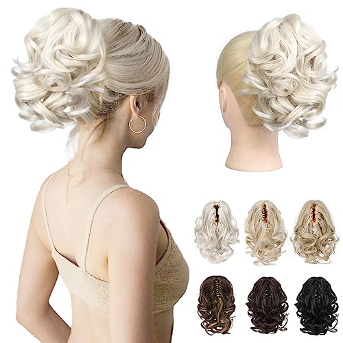 REECHO Pferdeschwanz Haarverlängerung, 23 cm Kurze lockige gewellte Haarklammer Haarteil Pferdeschwänze Haarverlängerungen Haarteile für Frauen Ponytail Extension - Platinblond von REECHO