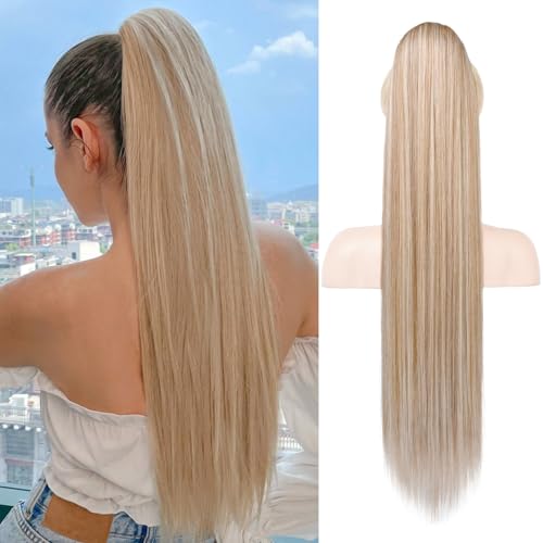 REECHO Pferdeschwanzverlängerung, 28" lange gerade Kordelzug Pony Haarverlängerung Synthetischer Pferdeschwanz Haarteil für Frauen - Dunkelblond mit Highlights REECHO Pferdeschwanzverlängerung, 28" lange gerade Kordelzug Pony Haarverlängerung Synthetischer Pferdeschwanz Haarteil für Frauen - Dunkelblond mit Highlights von REECHO