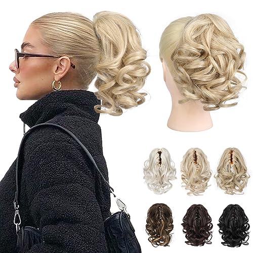 REECHO Ponytail Extension, 23 cm Kurze lockige gewellte Haarklammer Haarteil Pferdeschwänze Haarverlängerungen Haarteile für Frauen Ponytail Extension - Mittelblond von REECHO